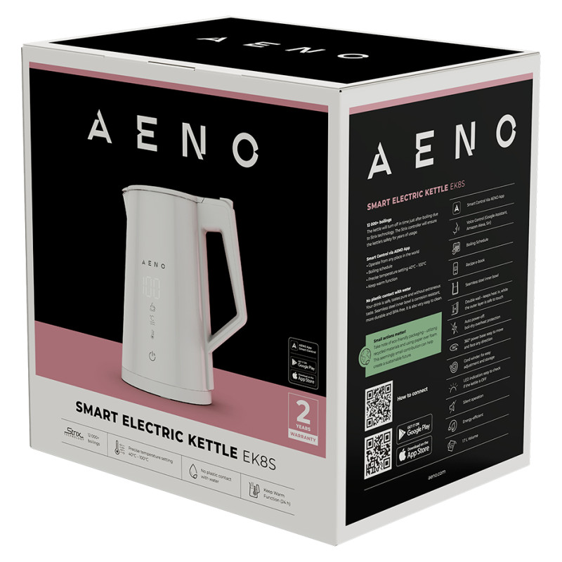 Aeno Electric Kettle EK8S Smart: 1850-2200W, 1.7L, Strix, Double-walls, Temperature Control, Keep warm Function, Control via Wi-Fi, LED-display, Non-heating body, Auto Power Off, Dry tank Protection