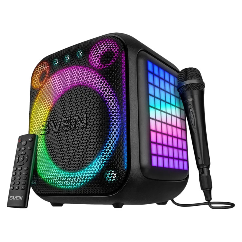 Sven PS-880, black, power output 110W (RMS), TWS, Bluetooth, FM, USB, microSD, LED-display, lithium battery