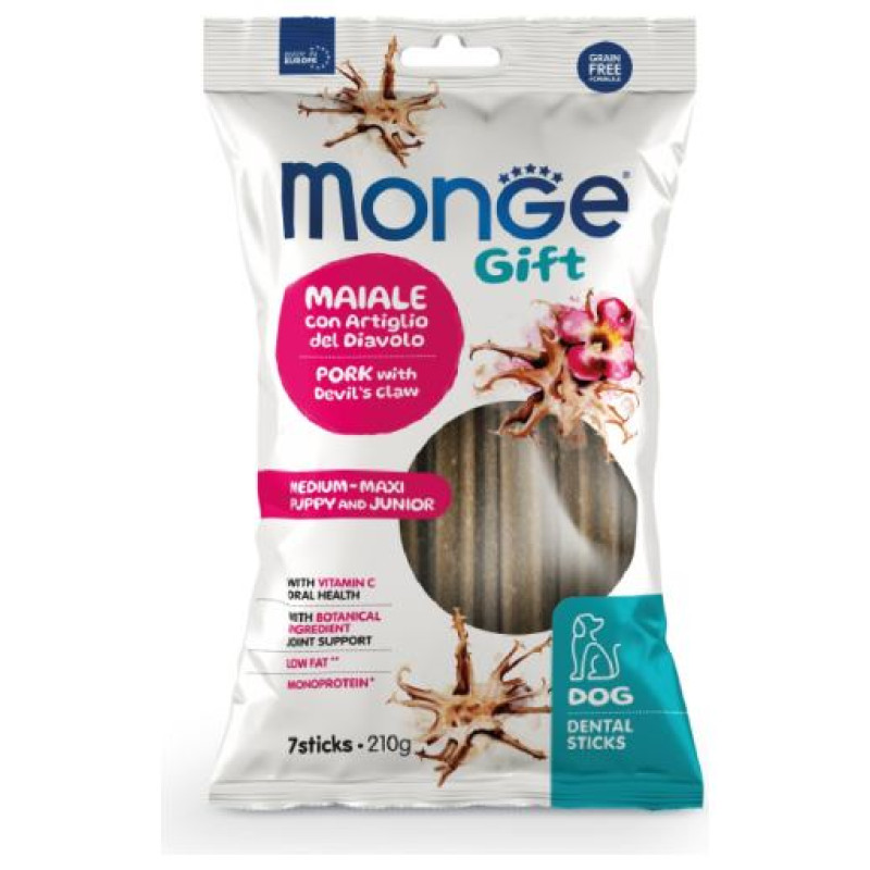 Monge GIFT Dog DENTAL STICK Puppy & Junior Medium & Maxi Pork with devil's claw / 210 g