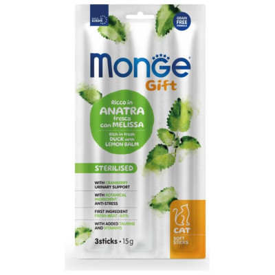Monge GIFT Cat SOFT STICKS Sterilised Duck with lemon balm / 15 g - kārums kaķiem