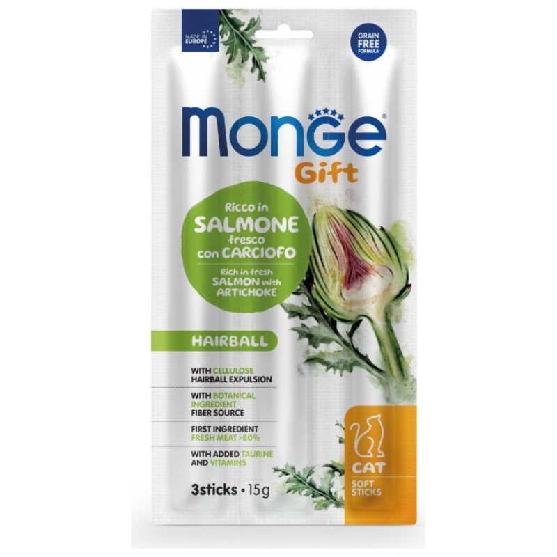 Monge GIFT Cat SOFT STICKS Hairball Salmon with artichoke / 15 g - kārums kaķiem
