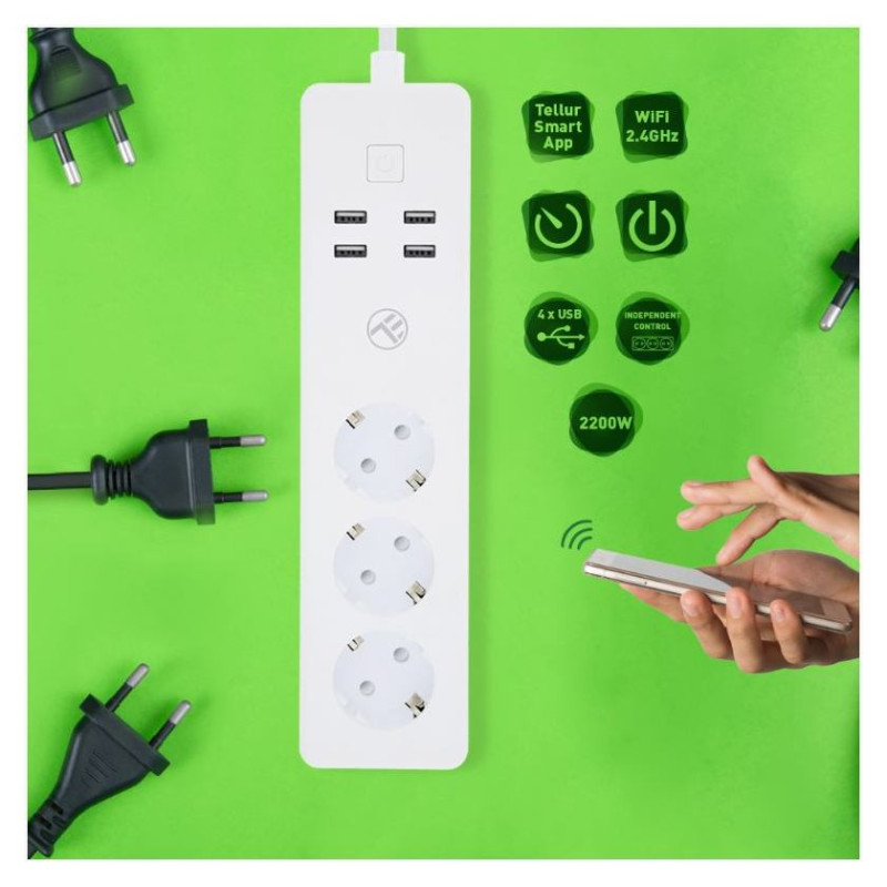 Tellur WiFi Power Strip, 3 Outlets, 4*USB 4A, 2200W, 10A, 1.8m