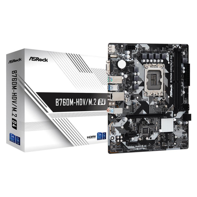 Asrock Mainboard|ASROCK|Intel B760 Express|LGA1700|Micro-ATX|Memory DDR4|Memory slots 2|2xPCI-Express 3.0 1x|1xPCI-Express 4.0 16x|2xM.2|1x15pin D-sub|1xHDMI|1xDisplayPort|2xUSB 2.0|3xUSB 3.2|1xUSB-C|1xPS/2|1xRJ45|3xAudio port|B760M-HDV/M.2D4