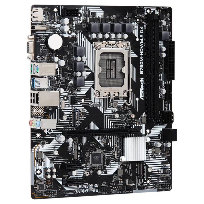 Asrock Mainboard|ASROCK|Intel B760 Express|LGA1700|Micro-ATX|Memory DDR4|Memory slots 2|2xPCI-Express 3.0 1x|1xPCI-Express 4.0 16x|2xM.2|1x15pin D-sub|1xHDMI|1xDisplayPort|2xUSB 2.0|3xUSB 3.2|1xUSB-C|1xPS/2|1xRJ45|3xAudio port|B760M-HDV/M.2D4