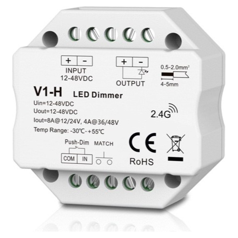 Skydance V1-H Controller, 12-48V, 1x 8A, Push-Dimm