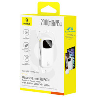 Baseus EnerFill FC31 20000mAh 45W Powerbank with Digital Display and 2 Built-in Cables (USB-C + Lightning) - White