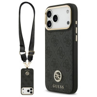 Guess 4G Srtass Logo & Big Strap Metal Buttons MagSafe Case for iPhone 17 Pro Max - Black