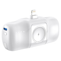 Wozinsky WF16-YLS 5000mAh 15W Lightning Mini Power Bank with Built-in USB-C Cable and Apple Watch Charger - White
