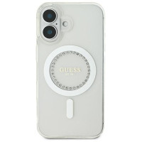 Guess IML Rhinestones MagSafe Case for iPhone 16 Plus - White