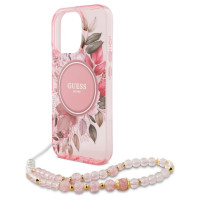 Guess IML Flowers With Pearl Strap MagSafe iPhone 16 Pro Case - Pink