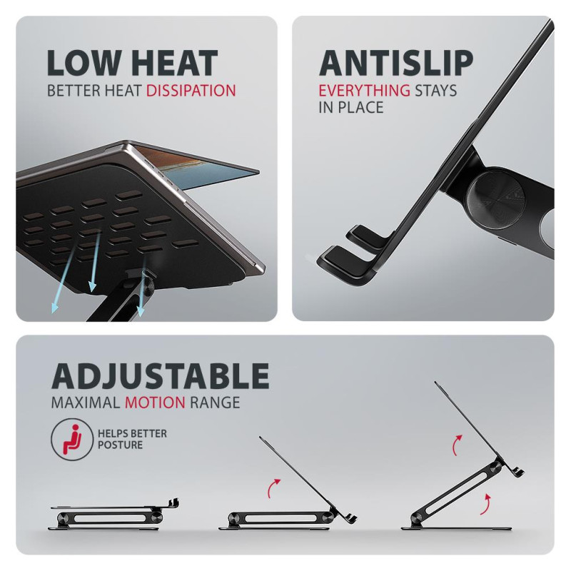 Axagon STND-LQB stand for notebooks and tablets. Aluminum HQ stand for laptops size 10-17.3. Adjustable height and angle. Black.