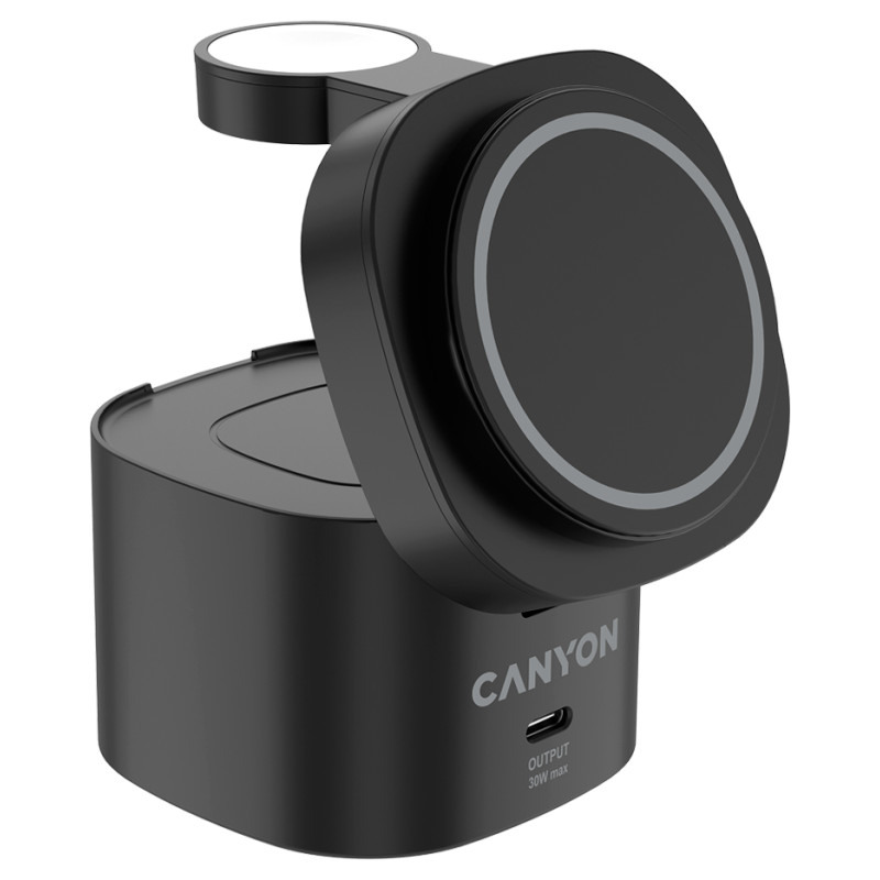 Canyon 4 in 1 Wireless Charging Stand, 30W max, Size: 70x70x70.3mm, weight: 414g, with 65W charger and 1M cable, black