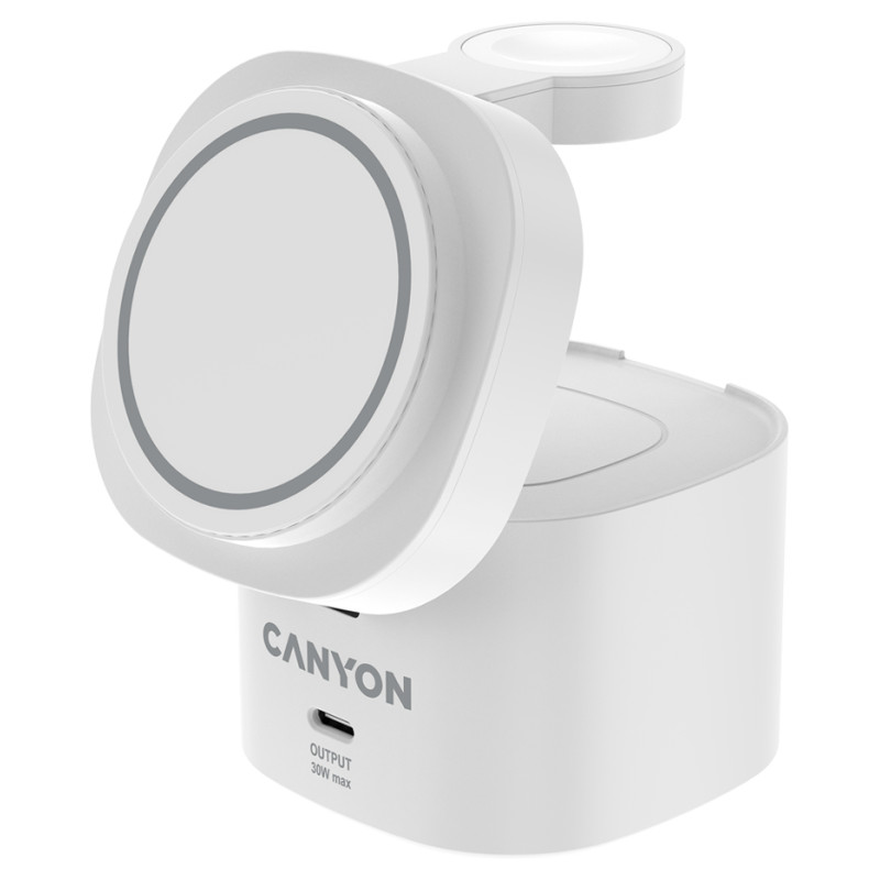 Canyon 4 in 1 Wireless Charging Stand, 30W max, Size: 70x70x70.3mm, weight: 414g, with 65W charger and 1M cable, white