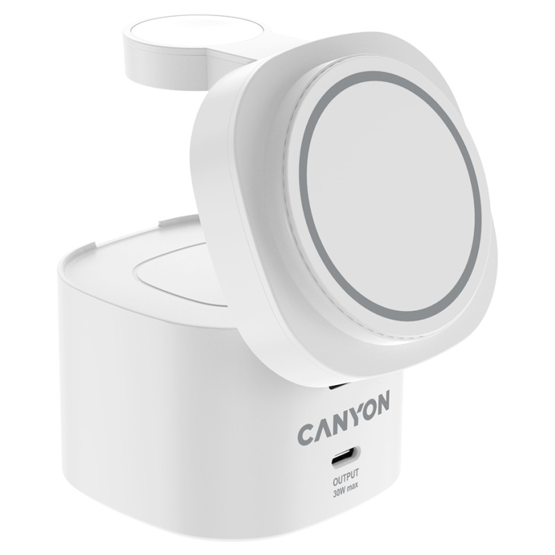 Canyon 4 in 1 Wireless Charging Stand, 30W max, Size: 70x70x70.3mm, weight: 414g, with 65W charger and 1M cable, white