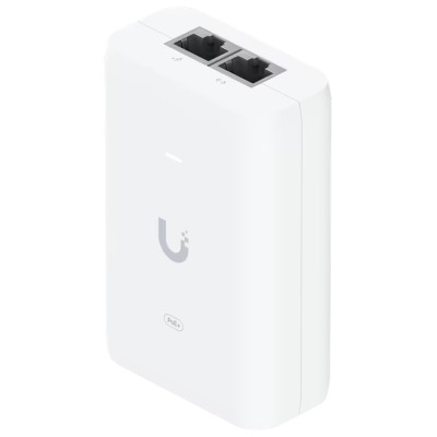 Ubiquiti U-POE+ adapter 30W, powers UniFi PoE+ devices, reduce dependency on PoE switch power, Contains RJ45 data input, AC cable with earth ground, and PoE+ output
