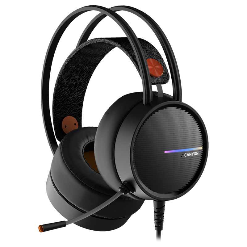Canyon INTERCEPTOR GH-8A, Gaming headset 3.5mm jack plus USB connector for LED backlight, adjustable microphone and volume control, with 2in1 3.5mm adapter, cable 2M, Black and Orange, 0.36kg