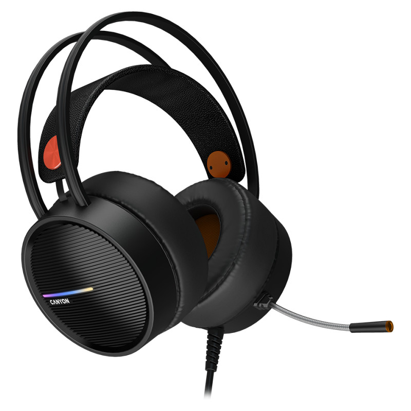 Canyon INTERCEPTOR GH-8A, Gaming headset 3.5mm jack plus USB connector for LED backlight, adjustable microphone and volume control, with 2in1 3.5mm adapter, cable 2M, Black and Orange, 0.36kg