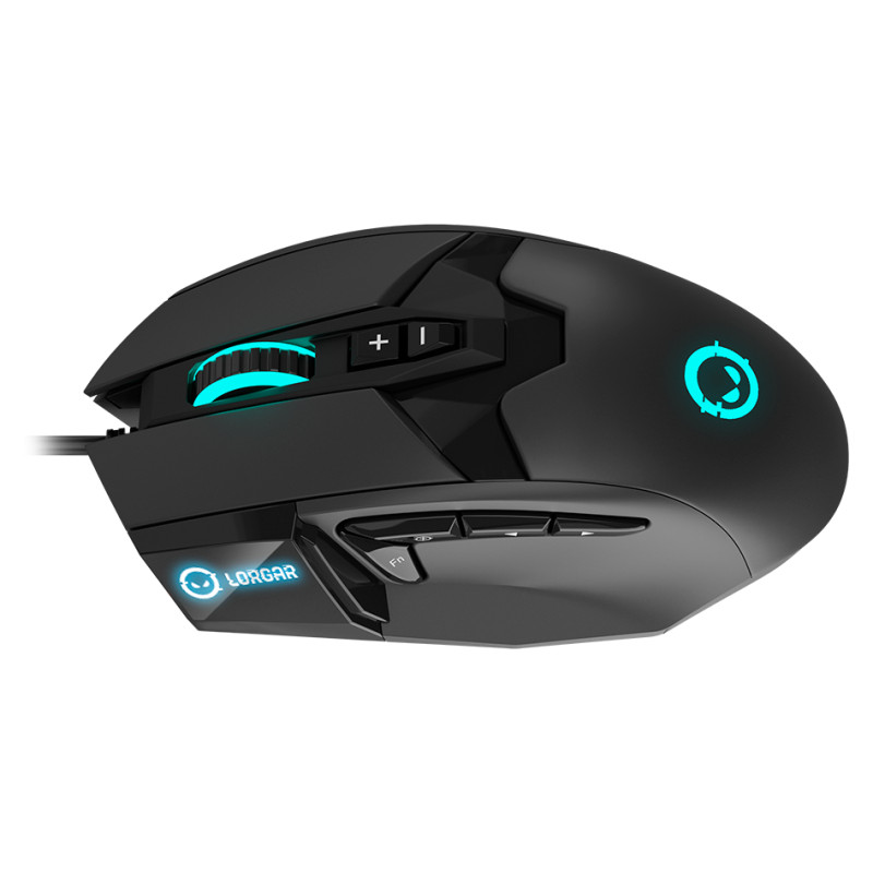 Lorgar Stricter 579, gaming mouse, 9 programmable buttons, Pixart PMW3336 sensor, DPI up to 12 000, 50 million clicks buttons lifespan, 2 switches, built-in display, 1.8m USB soft silicone cable, Matt UV coating with glossy parts and RGB lights with 4 LED