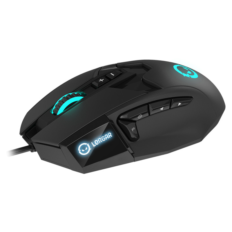 Lorgar Stricter 579, gaming mouse, 9 programmable buttons, Pixart PMW3336 sensor, DPI up to 12 000, 50 million clicks buttons lifespan, 2 switches, built-in display, 1.8m USB soft silicone cable, Matt UV coating with glossy parts and RGB lights with 4 LED