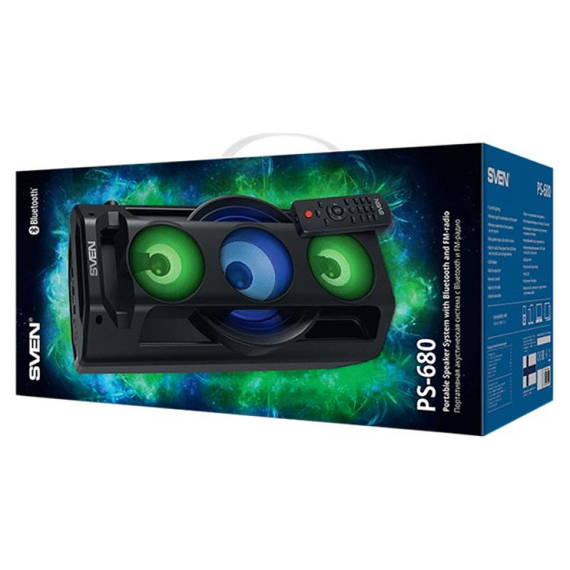 Sven PS-680 2x32.5W; LED display; TWS; FM radio; AUX; USB/SD-card support;Lighting; Microphone input (karaoke); Remote Control; Built-in equalizer