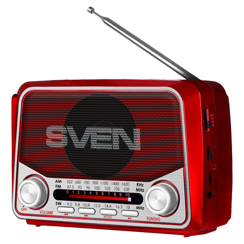 Sven Speaker SVEN SRP-150, red (3W, Bluetooth, FM/AM/SW, USB, microSD, flashlight, battery)