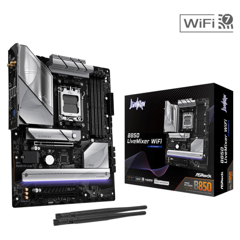 Asrock Mainboard|ASROCK|AMD B850|SAM5|ATX|Memory DDR5|Memory slots 4|2xPCI-Express 4.0 16x|1xPCI-Express 5.0 16x|1xM.2|1xHDMI|1xDisplayPort|1xAudio-In|1xAudio-Out|2xUSB 2.0|1xUSB-C|1xOptical S/PDIF|1xRJ45|B850LIVEMIXERWIFI