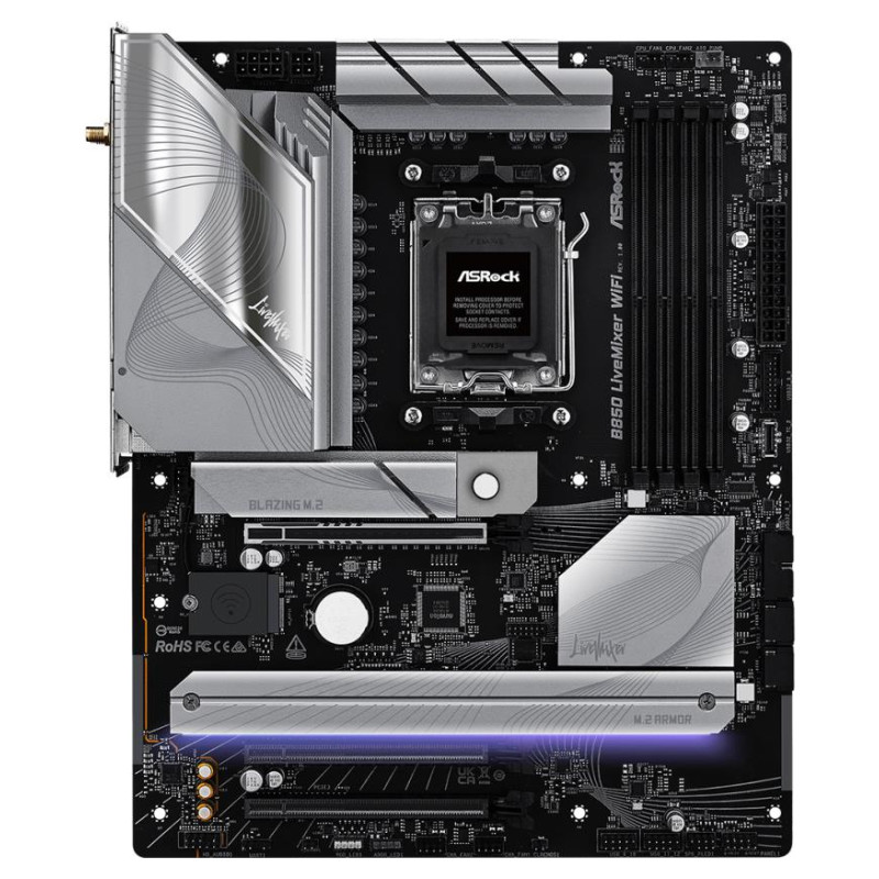 Asrock Mainboard|ASROCK|AMD B850|SAM5|ATX|Memory DDR5|Memory slots 4|2xPCI-Express 4.0 16x|1xPCI-Express 5.0 16x|1xM.2|1xHDMI|1xDisplayPort|1xAudio-In|1xAudio-Out|2xUSB 2.0|1xUSB-C|1xOptical S/PDIF|1xRJ45|B850LIVEMIXERWIFI