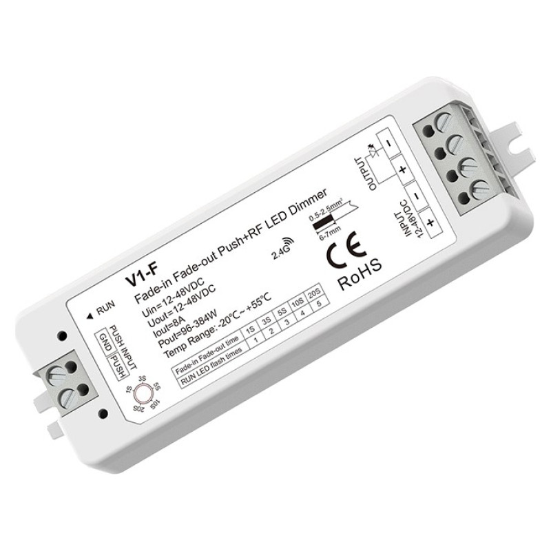 Skydance V1-F Fade-in Fade-out LED Dimmer, 12-48V, 1x 8A, Push-Dimm