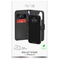 Puro Wallet Stand case for iPhone 17 made of eco-leather, with a flap, wallet and stand function - black