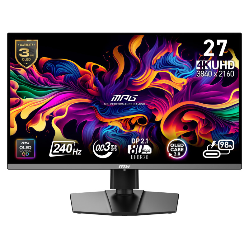 MSI Monitor|MSI|MPG 272URX QD-OLED|27"|Gaming/4K|Matte|Panel QD-OLED|3840x2160|16:9|240 ??|0.03 ms|Swivel|Pivot|Height adjustable|Tilt|Colour Black|MPG272URXQD-OLED
