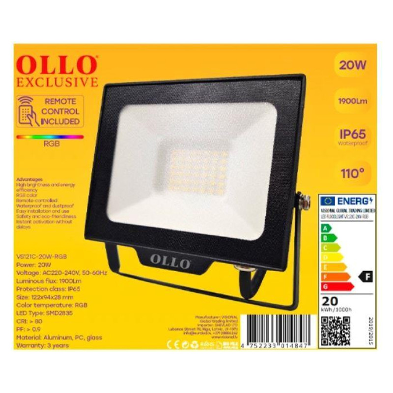 Ollo Lamp|OLLO|Power consumption 20 Watts|Luminous flux 1900 Lumen|AC220-240V|Beam angle 110 degrees|VS121C-20W-RGB