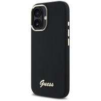 Guess Silicone Script Metal Logo & Frame Case for iPhone 16 - Black