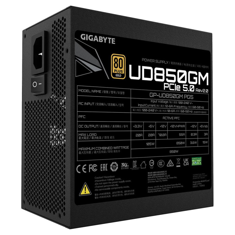 Gigabyte Power Supply|GIGABYTE|UD850GM PG5 V2|ATX 3.1|850 Watts|Efficiency 80 PLUS GOLD|PFC Active|MTBF 100000 hours|GP-UD850GMPG5V2
