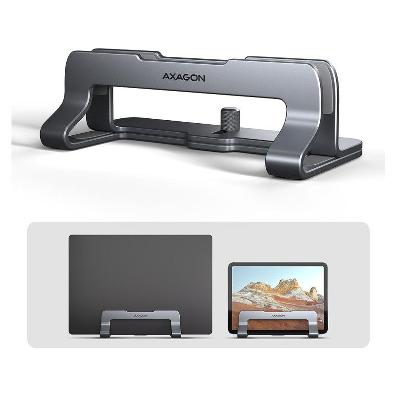 Axagon STND-VG vertical stand for laptops and tablets. Aluminum stand for vertical insertion of laptops sized 10-17.3. Adjustable slot width 9.5-25.5 mm. Grey version.