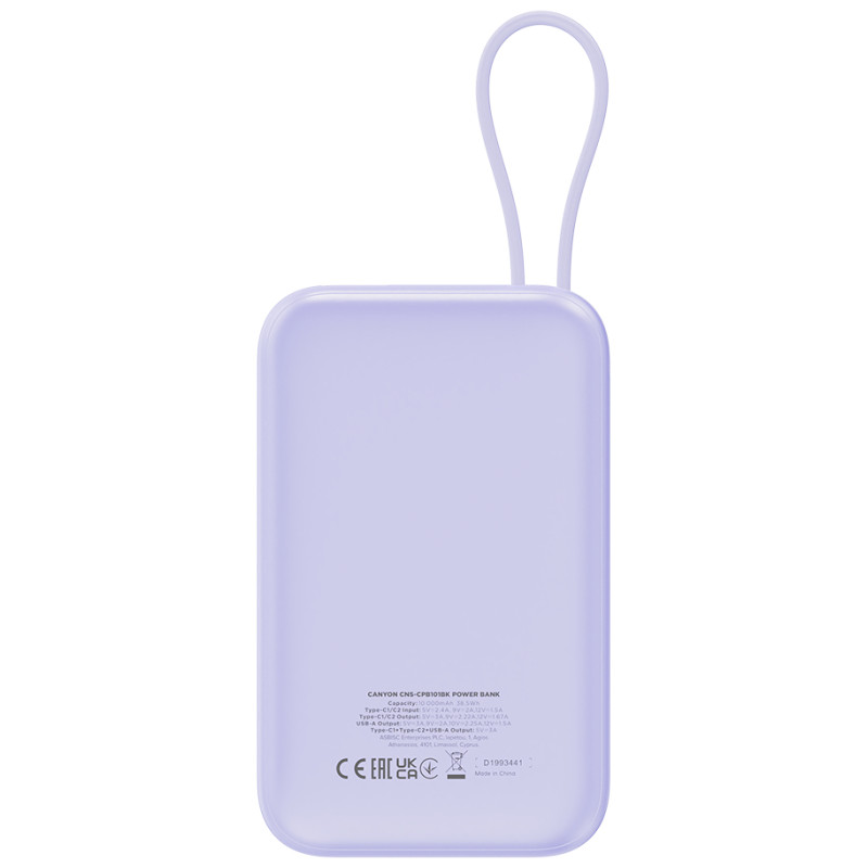 Canyon power bank OnPower 101 built-in cable 10000 mAh PD22.5W Purple