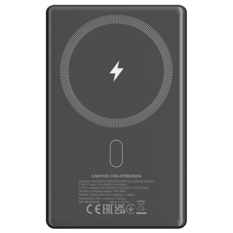 Canyon power bank OnPower 505 slim Magnetic 5000 mAh PD20W Dark Grey