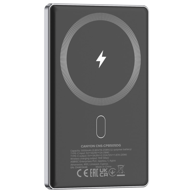 Canyon power bank OnPower 505 slim Magnetic 5000 mAh PD20W Dark Grey