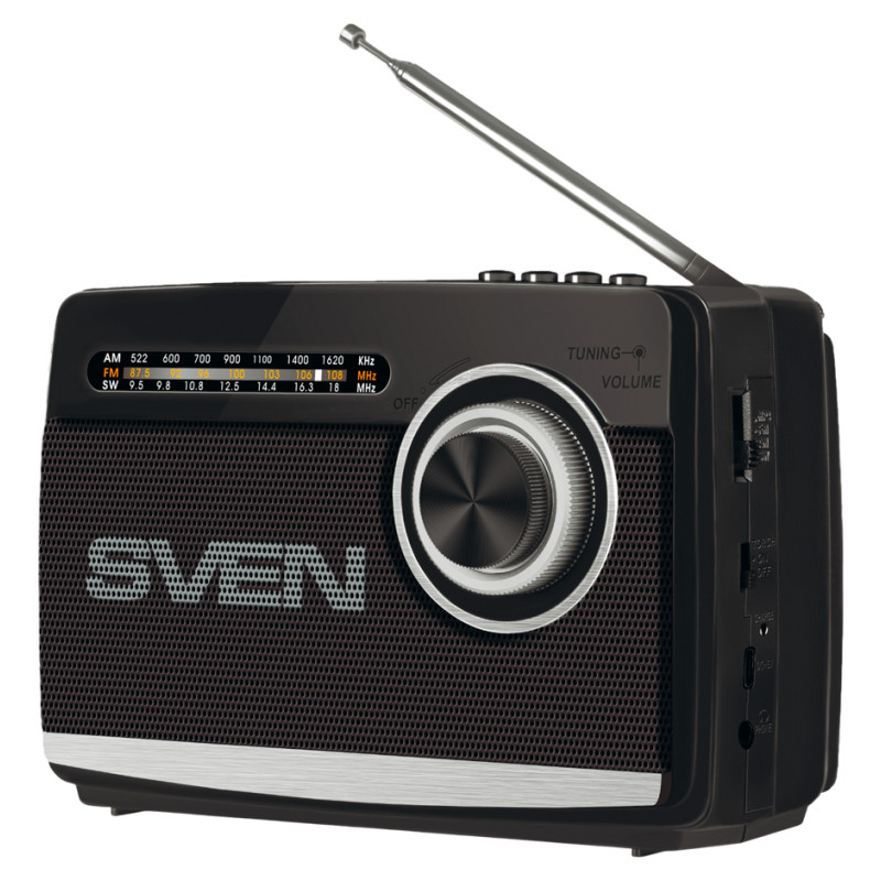 Sven Speaker SVEN SRP-155, black (3W, Bluetooth, FM/AM/SW, USB, microSD, flashlight, battery)