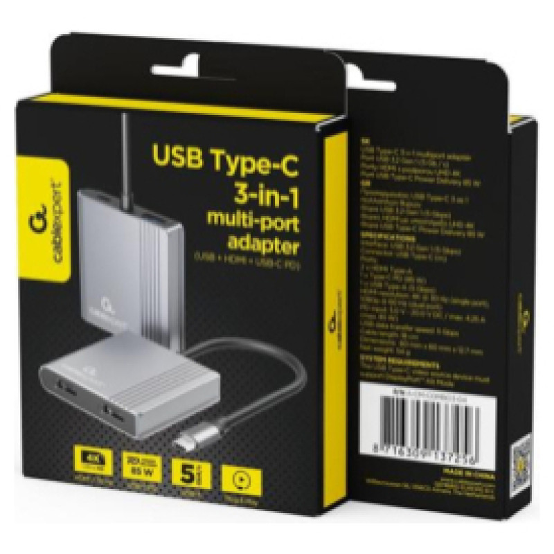 Gembird Dokstacija Gembird USB-C 3-in-1multi port (USB port + HDMI + PD) 85W USB Type-C