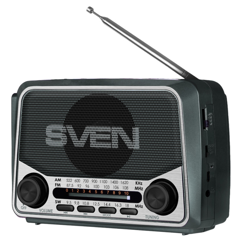 Sven Speaker SVEN SRP-150, gray (3W, Bluetooth, FM/AM/SW, USB, microSD, flashlight, battery)