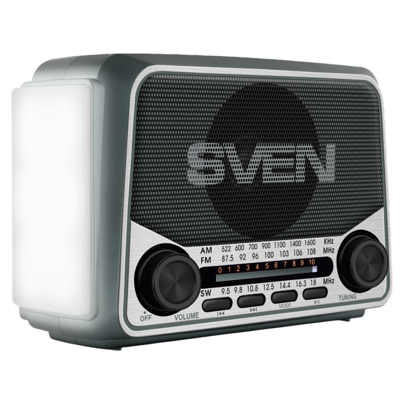 Sven Speaker SVEN SRP-150, gray (3W, Bluetooth, FM/AM/SW, USB, microSD, flashlight, battery)