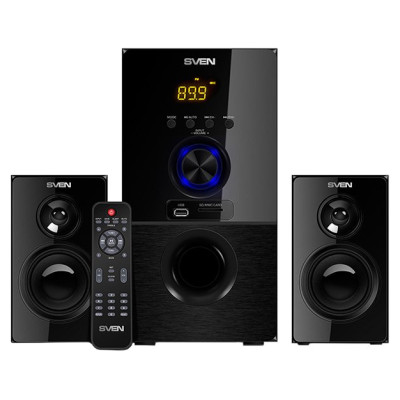 Sven MS-2050 30W+2x12.5W; LED display; Volume front control; USB/SD-card support; Wall mountable satellites; MUTE, SLEEP and ST-BY modes; FM radio; Remote control; Bluetooth