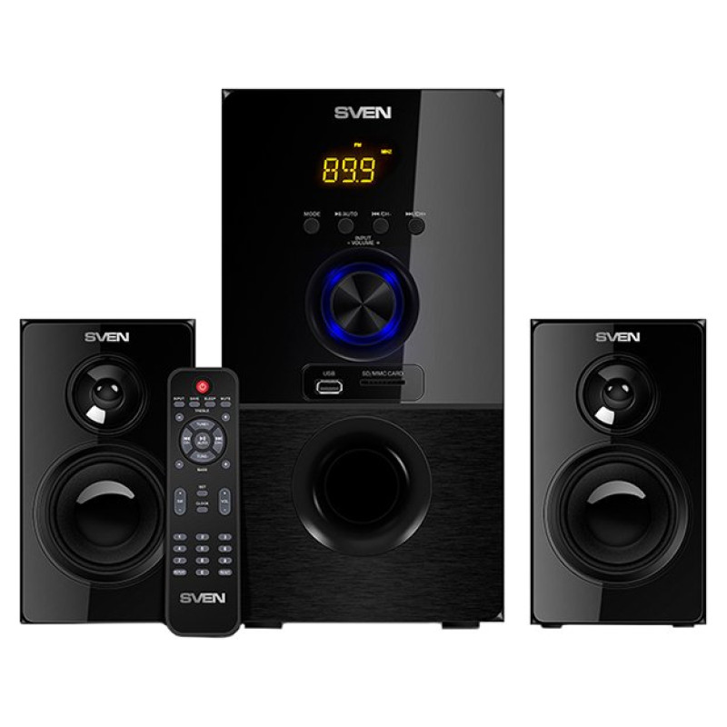Sven MS-2050 30W+2x12.5W; LED display; Volume front control; USB/SD-card support; Wall mountable satellites; MUTE, SLEEP and ST-BY modes; FM radio; Remote control; Bluetooth