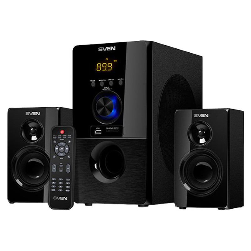 Sven MS-2050 30W+2x12.5W; LED display; Volume front control; USB/SD-card support; Wall mountable satellites; MUTE, SLEEP and ST-BY modes; FM radio; Remote control; Bluetooth