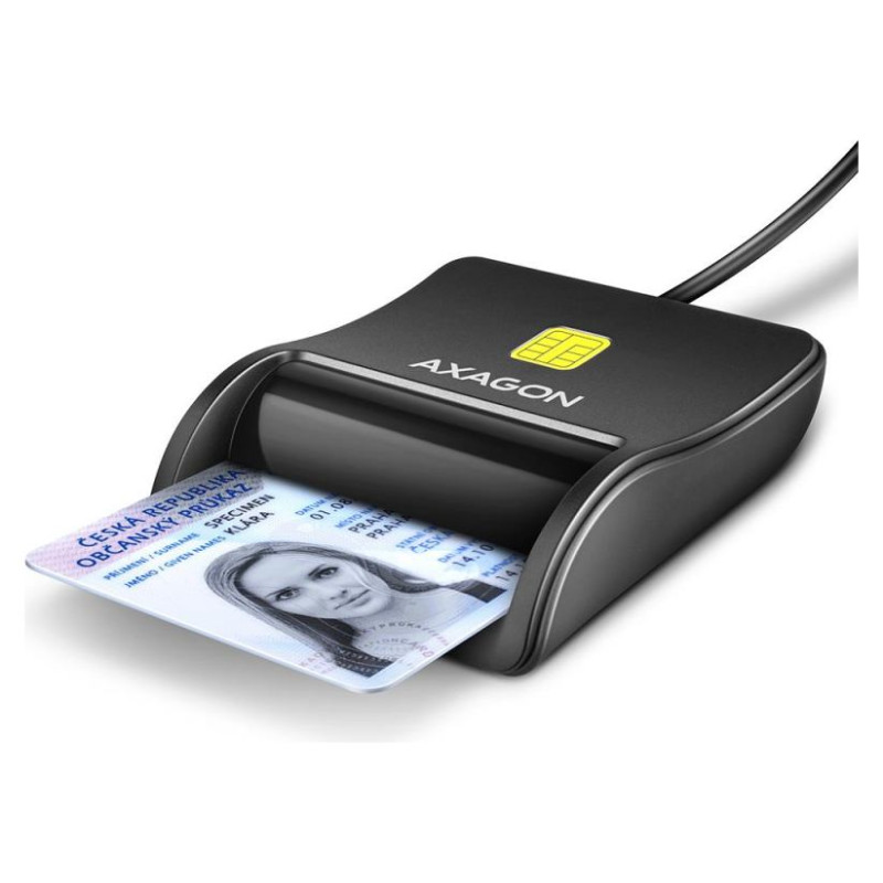 Axagon Compact desktop USB contact Smart / ID card reader with long, USB-A cable.