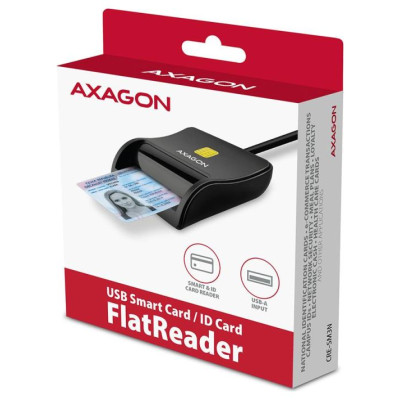 Axagon Compact desktop USB contact Smart / ID card reader with long, USB-A cable.