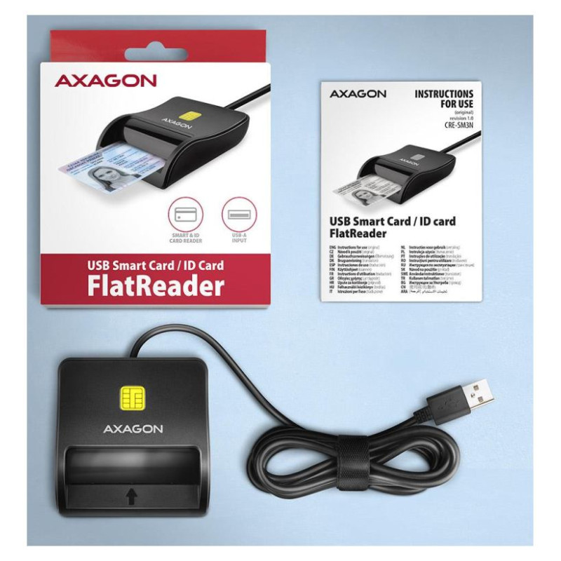 Axagon Compact desktop USB contact Smart / ID card reader with long, USB-A cable.