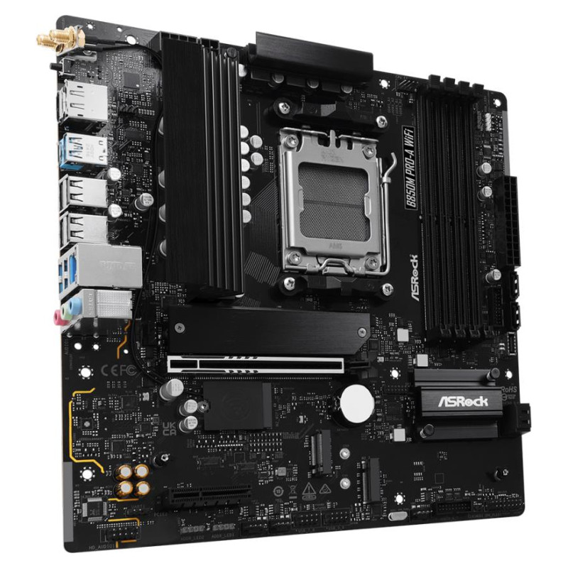 Asrock Mainboard|ASROCK|1xPCI-Express 4.0 4x	|1xPCI-Express 5.0 16x|1xM.2|1xHDMI|1xDisplayPort|1xAudio-In|1xAudio-Out|1xMicrophone|4xUSB 2.0|3xUSB 3.2|1xUSB-C|1xRJ45|B850MPRO-AWIFI
