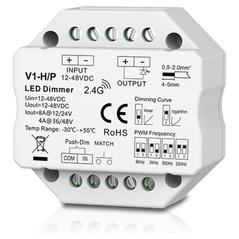 Skydance V1-H/P Controller, 12-48V, 1x 8A, Push-Dimm