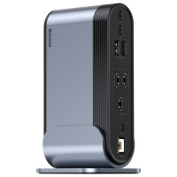 Baseus [RETURNED ITEM] Baseus multifunctional HUB 3x USB 3.2 Gen 1 / 2x USB 2.0 / 2x USB Type C / SD and micro SD card reader / AUX / 3x HDMI / RJ45 1Gbps Power Delivery 100W (EU / CN / UK plugs) gray (CAHUB-DG0G)